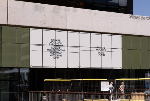 Urban poster mockup displayed on a building facade with people passing by, suitable for graphic design presentations, high-resolution textures.